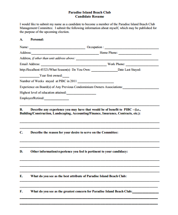 Candidate Resume Form 2015